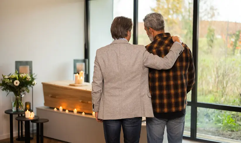 Twee nabestaanden staan voor de kist in de rouwkamer