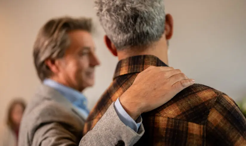 Twee nabestaanden staan naast elkaar met een arm over de schouders