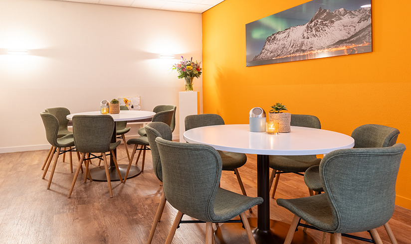 Kamer met 2 tafels en stoelen en een oranje muur met een schilderij