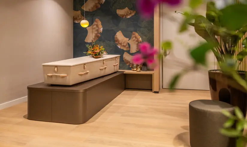 Ruimte met een grafkist en plant
