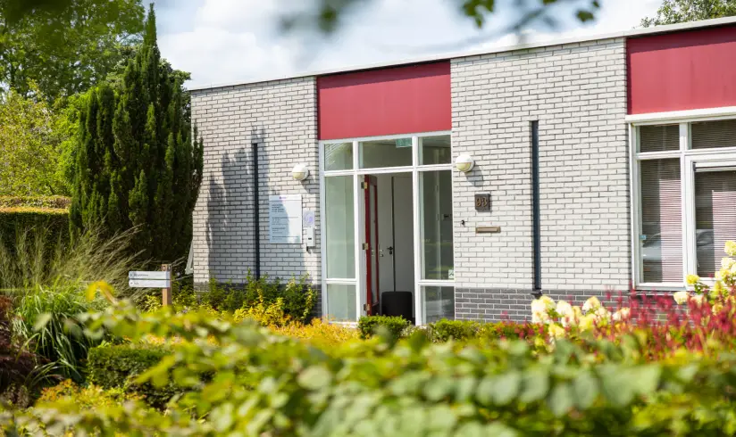 Een stenen gebouw omringd door groene struiken en bomen