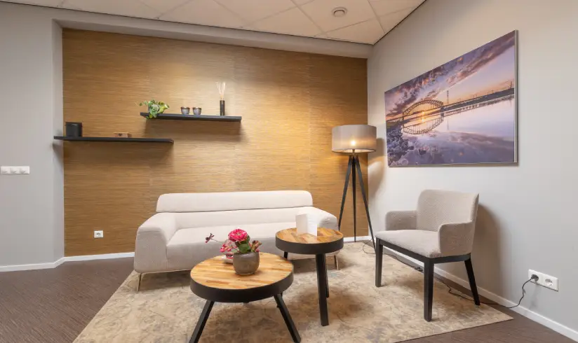 Kamer met een bank en een stoel en 2 koffietafeltjes